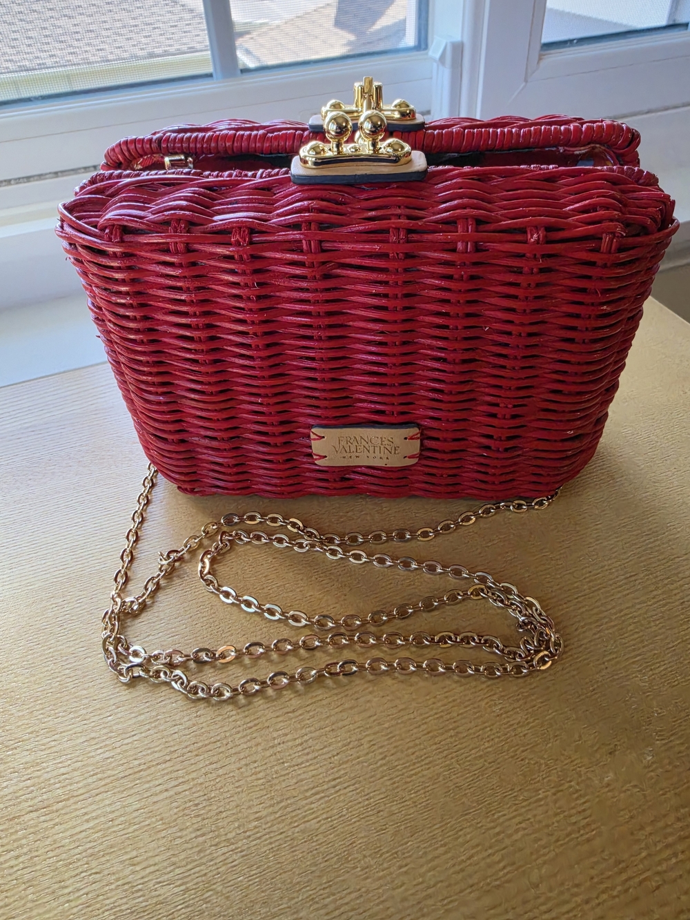Frances Valentine Red Woven Crossbody Bag with Gold Chain